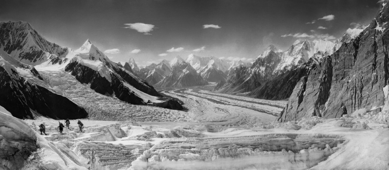 Panorama of Baltoro Glacier with Mitre Peak, Mustagh Tower and K2 in the background, 1909